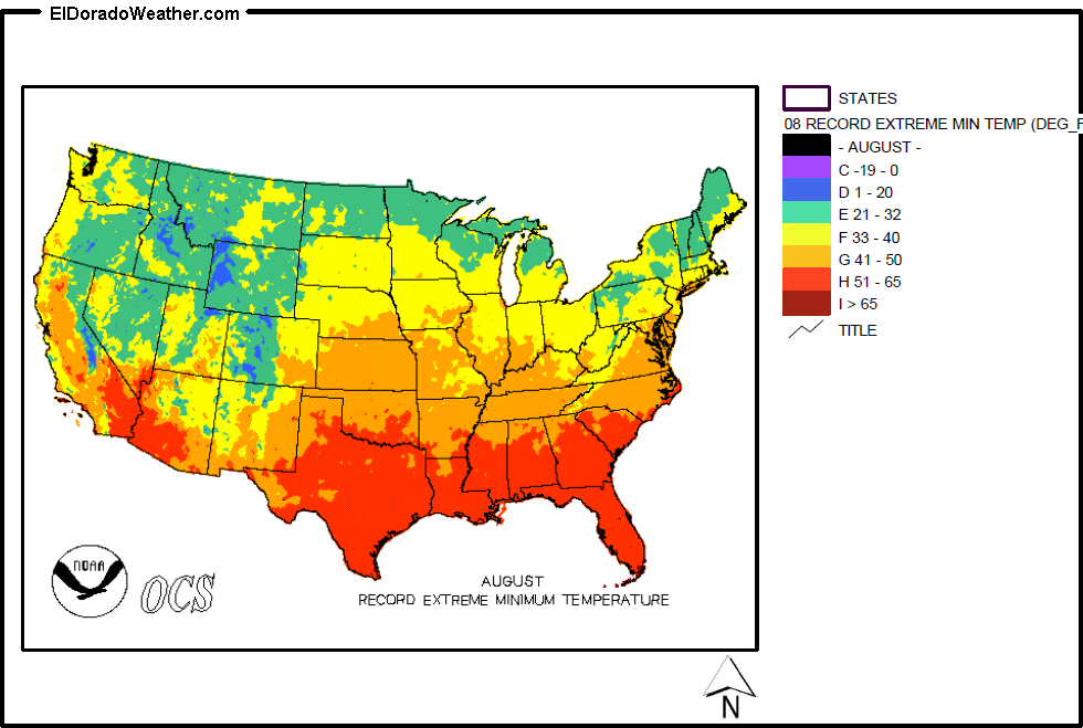 United States August Record Extreme Minimum Temperature